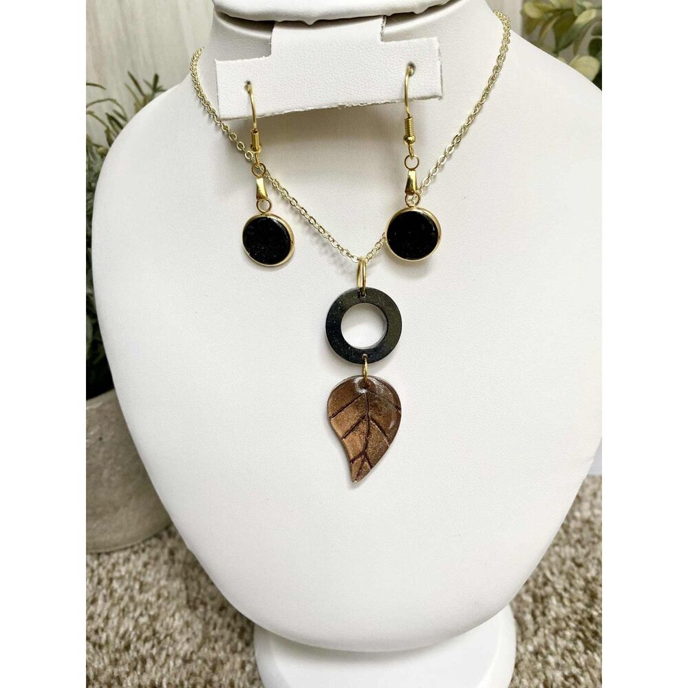 Leaf Pendant Jewelry Set | Black & Bronze Necklace + Earrings - Handmade Resin - Picture 2 of 4